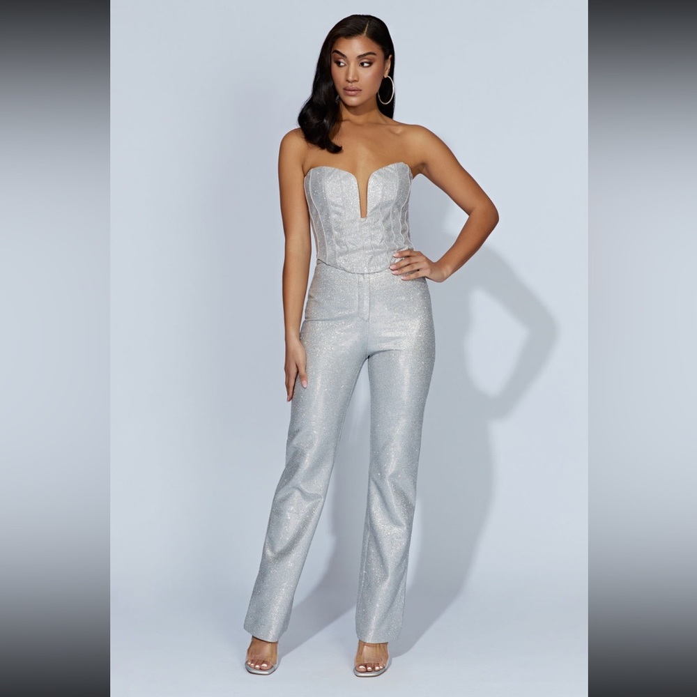 MESHKI Silver Shimmer Corset and Pants Set XS- NWT